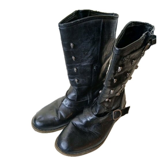 Womens S Alternative Black Studded Faux Leather Biker Mid Calf Boots Goth Punk - Picture 4 of 8